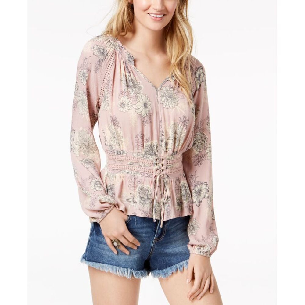 American Rag Juniors Printed Corset Front Crochet Trimmed Blouse